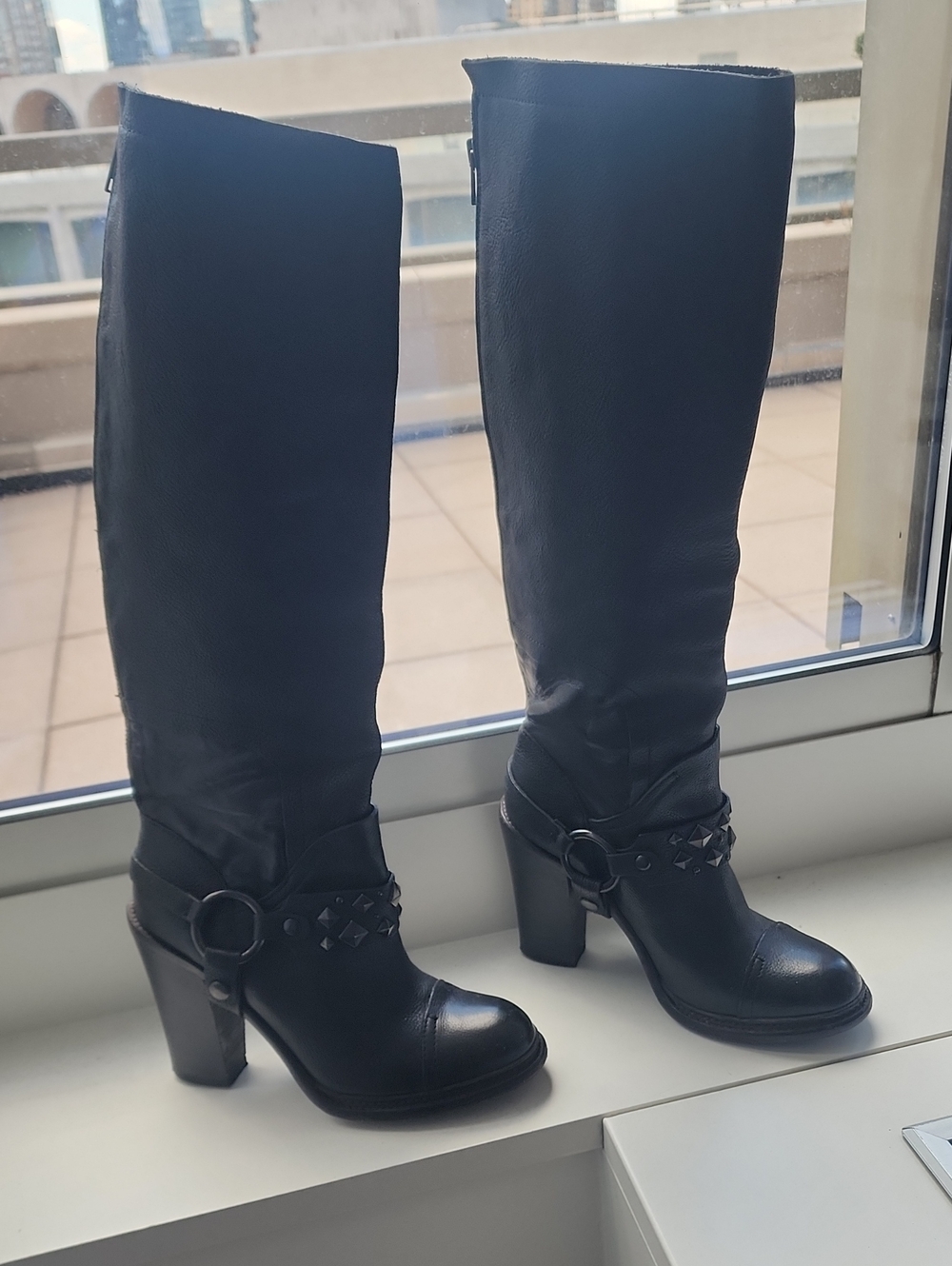 Vera Wang Black Tall Leather Heeled Boots with Studded Strap